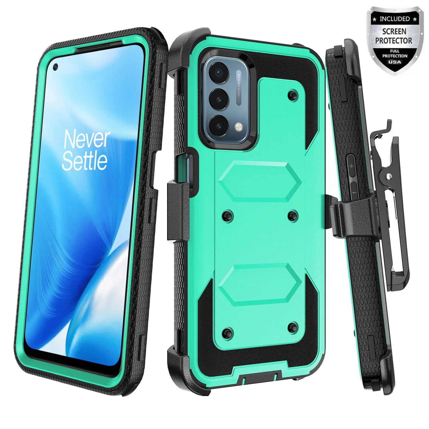 OnePlus Nord N200 5G Case, Nord N200 5G Case, Triple Protection 3-1 w/ Built in Screen Protector Heavy Duty Holster Shell Combo Clip Cover - Teal