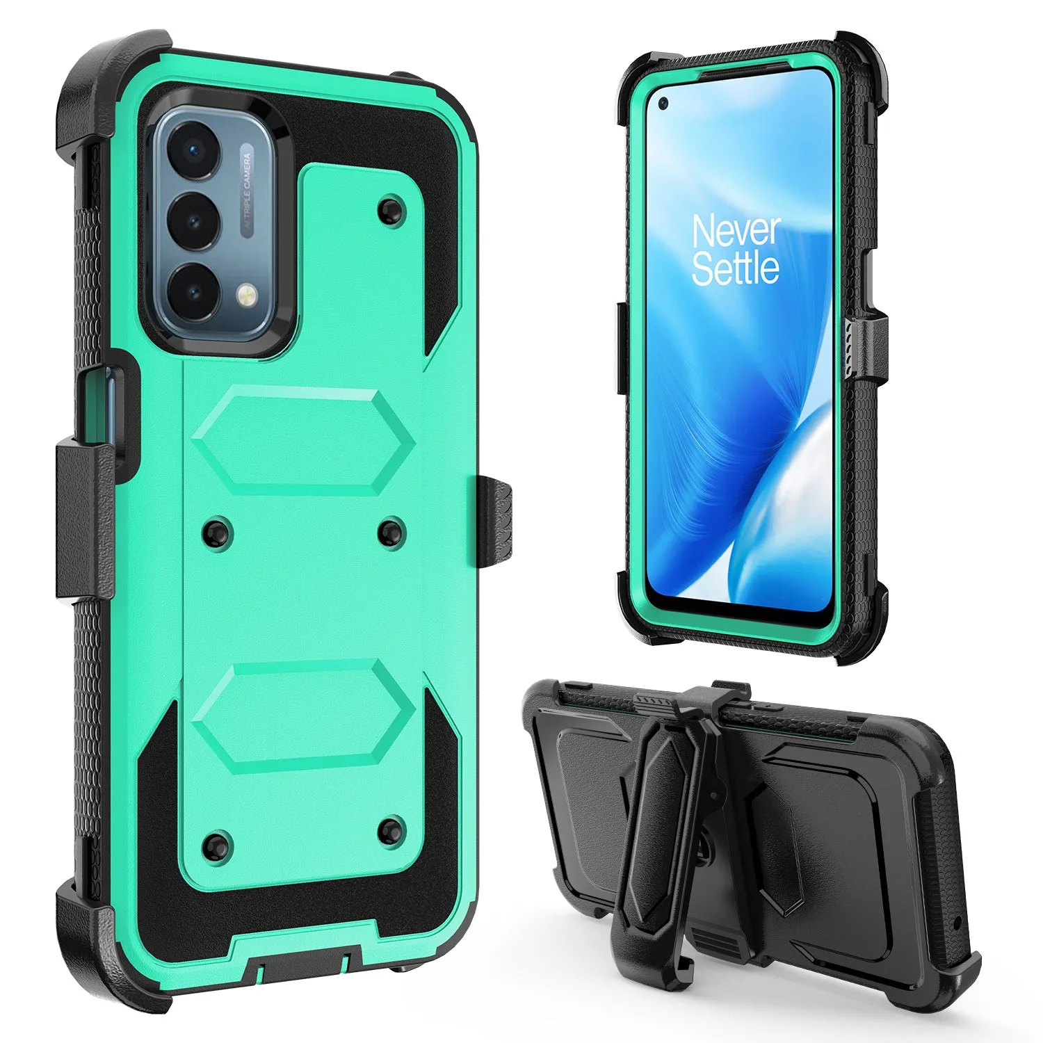 OnePlus Nord N200 5G Case, Nord N200 5G Case, Triple Protection 3-1 w/ Built in Screen Protector Heavy Duty Holster Shell Combo Clip Cover - Teal