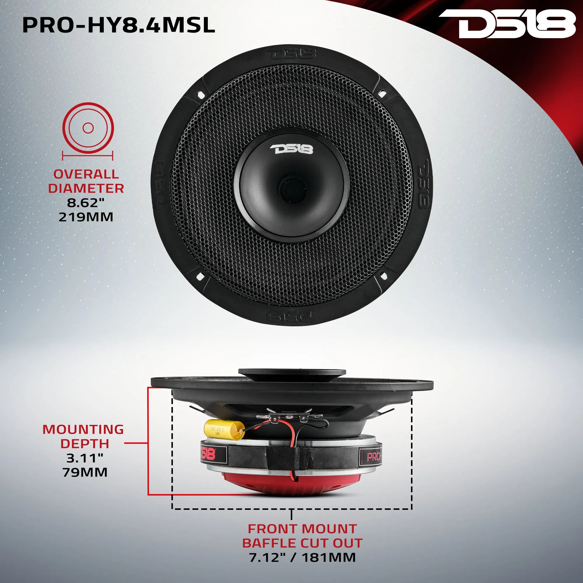 PRO 8" Shallow Coaxial Hybrid Mid-Range Loudspeaker with Built-in Driver 200 Watts Rms 4-Ohm - Grill Included