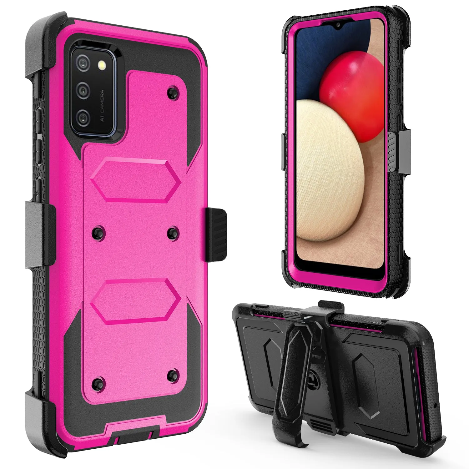 Samsung Galaxy A02s Case, Galaxy A02s Case, Triple Protection 3-1 w/ Built in Screen Protector Heavy Duty Holster Shell Combo Case - Hot Pink