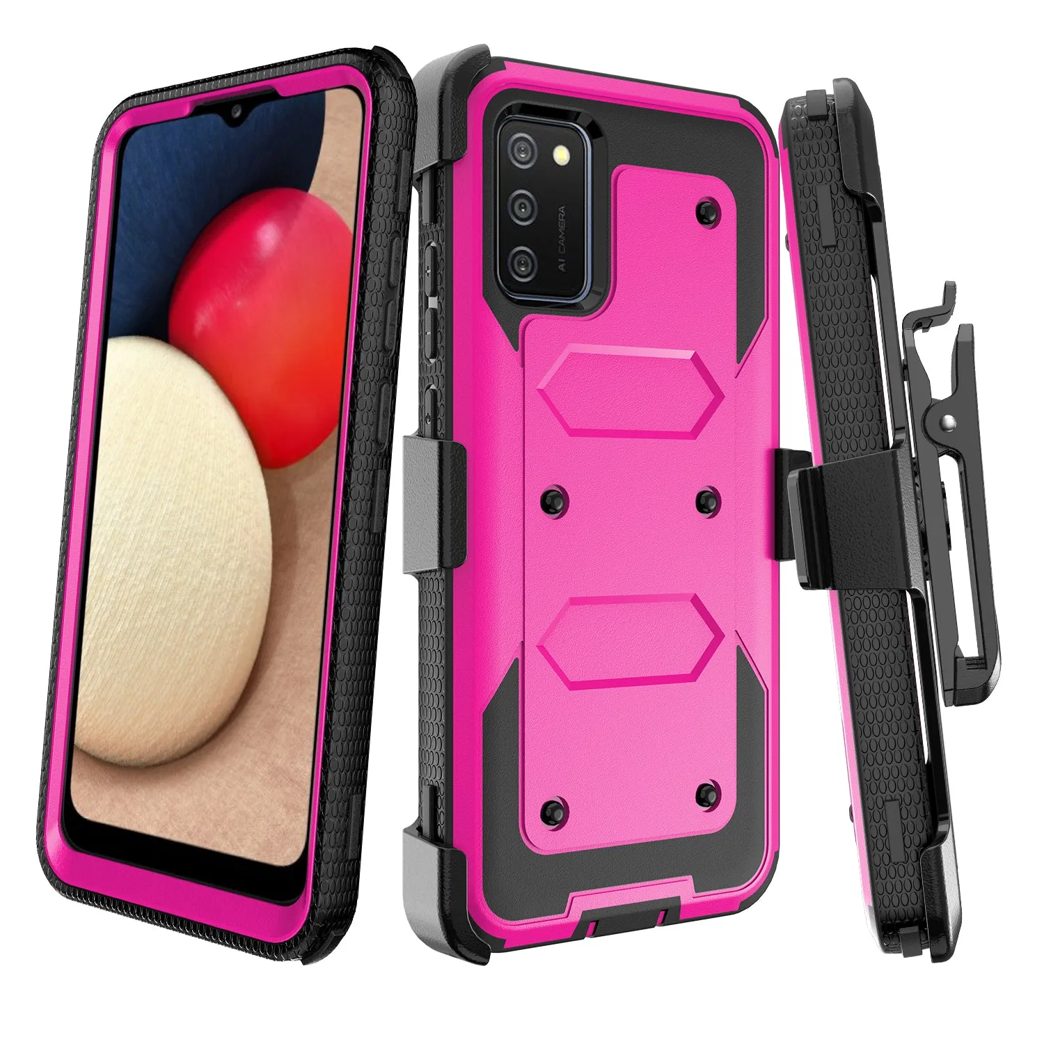 Samsung Galaxy A02s Case, Galaxy A02s Case, Triple Protection 3-1 w/ Built in Screen Protector Heavy Duty Holster Shell Combo Case - Hot Pink