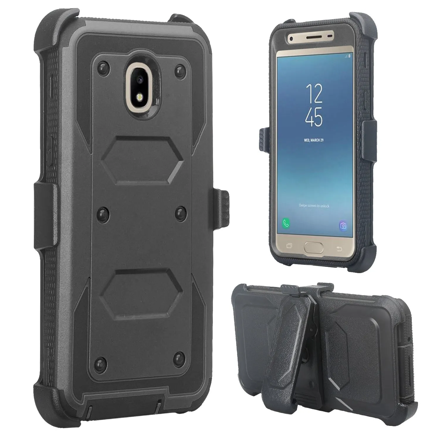 Samsung Galaxy J3 2018/Express Prime 3/Amp Prime 3/J3 Achieve/J3 Star/J3 Top/J3 Achieve/J3 Orbit/J3 V 3rd Gen/J3 Aura/Sol 3 Case, Triple Protection 3-1 w/ Built in Screen Protector Heavy Duty Holster Shell Combo Cover - Black