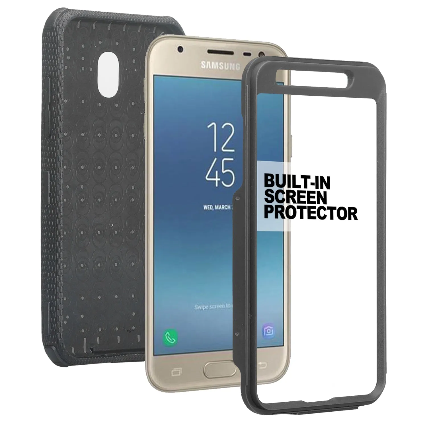 Samsung Galaxy J3 2018/Express Prime 3/Amp Prime 3/J3 Achieve/J3 Star/J3 Top/J3 Achieve/J3 Orbit/J3 V 3rd Gen/J3 Aura/Sol 3 Case, Triple Protection 3-1 w/ Built in Screen Protector Heavy Duty Holster Shell Combo Cover - Black