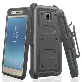 Samsung Galaxy J3 2018/Express Prime 3/Amp Prime 3/J3 Achieve/J3 Star/J3 Top/J3 Achieve/J3 Orbit/J3 V 3rd Gen/J3 Aura/Sol 3 Case, Triple Protection 3-1 w/ Built in Screen Protector Heavy Duty Holster Shell Combo Cover - Black