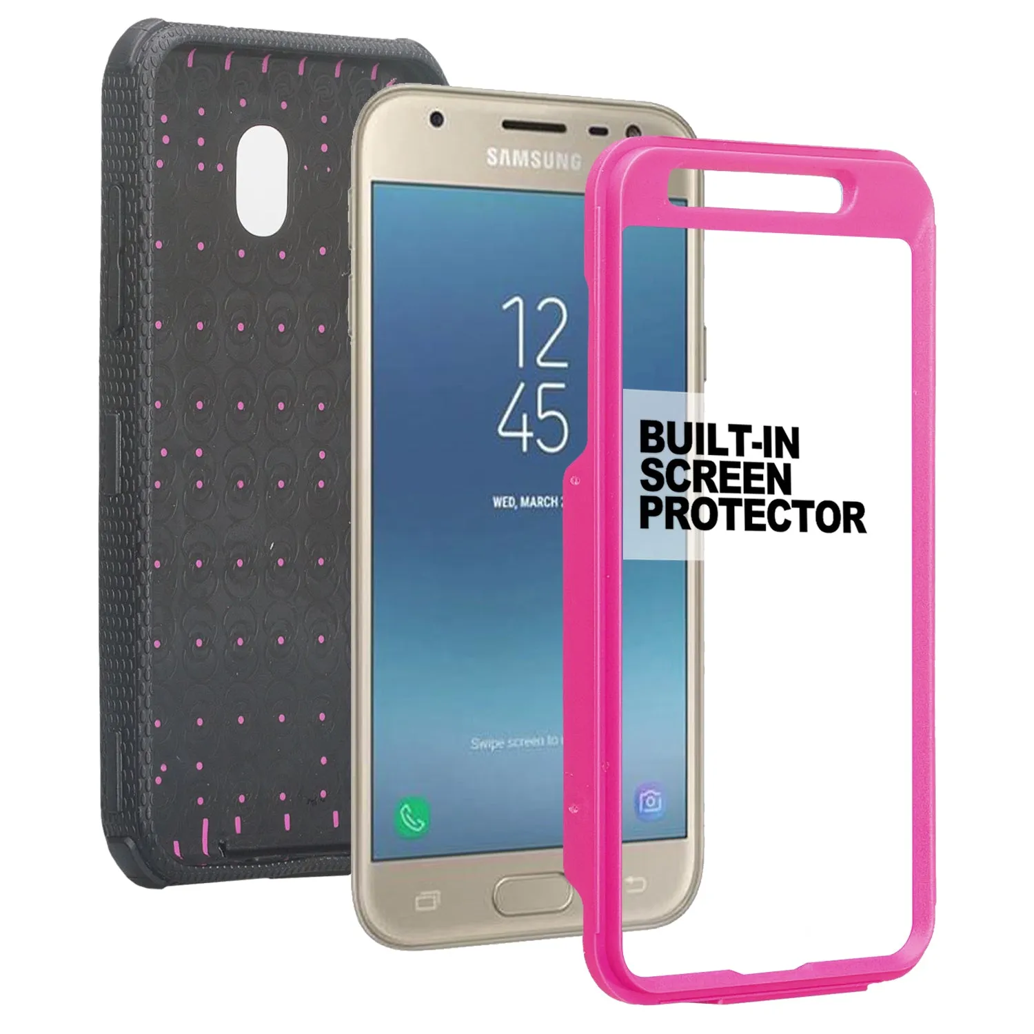 Samsung Galaxy J3 2018/Express Prime 3/Amp Prime 3/J3 Achieve/J3 Star/J3 Top/J3 Achieve/J3 Orbit/J3 V 3rd Gen/J3 Aura/Sol 3 Case, Triple Protection 3-1 w/ Built in Screen Protector Heavy Duty Holster Shell Combo Cover - Purple