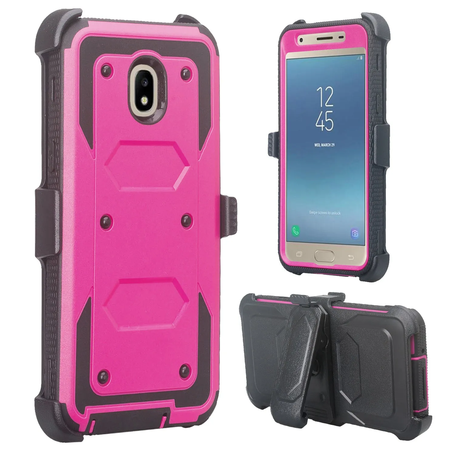 Samsung Galaxy J3 2018/Express Prime 3/Amp Prime 3/J3 Achieve/J3 Star/J3 Top/J3 Achieve/J3 Orbit/J3 V 3rd Gen/J3 Aura/Sol 3 Case, Triple Protection 3-1 w/ Built in Screen Protector Heavy Duty Holster Shell Combo Cover - Purple