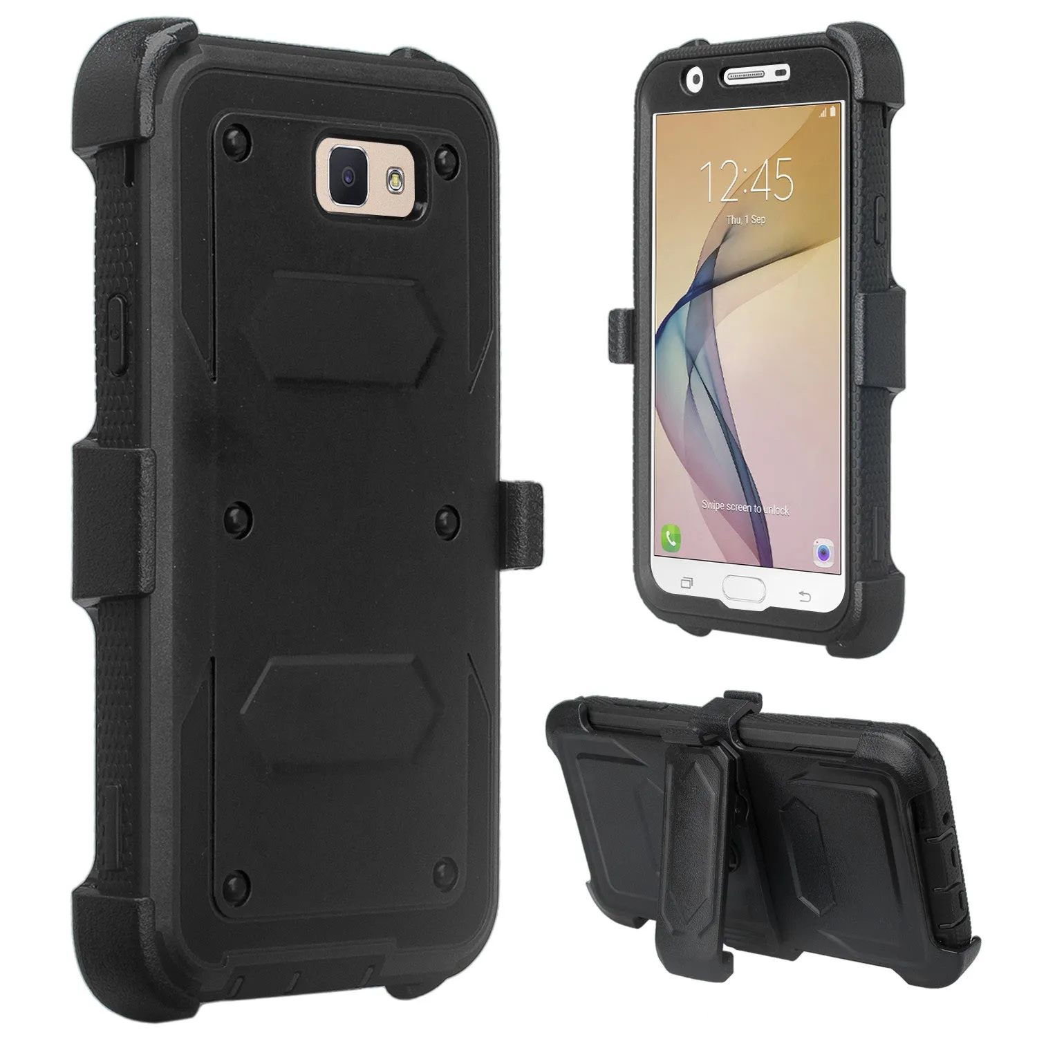 Samsung Galaxy J7 (2017) / J7 Sky Pro / J7 Perx / J7 V / J7 Prime / Galaxy Halo Case, Triple Protection w/ Built in Screen Protector Heavy Duty Holster Shell Combo Clip Cover - Black
