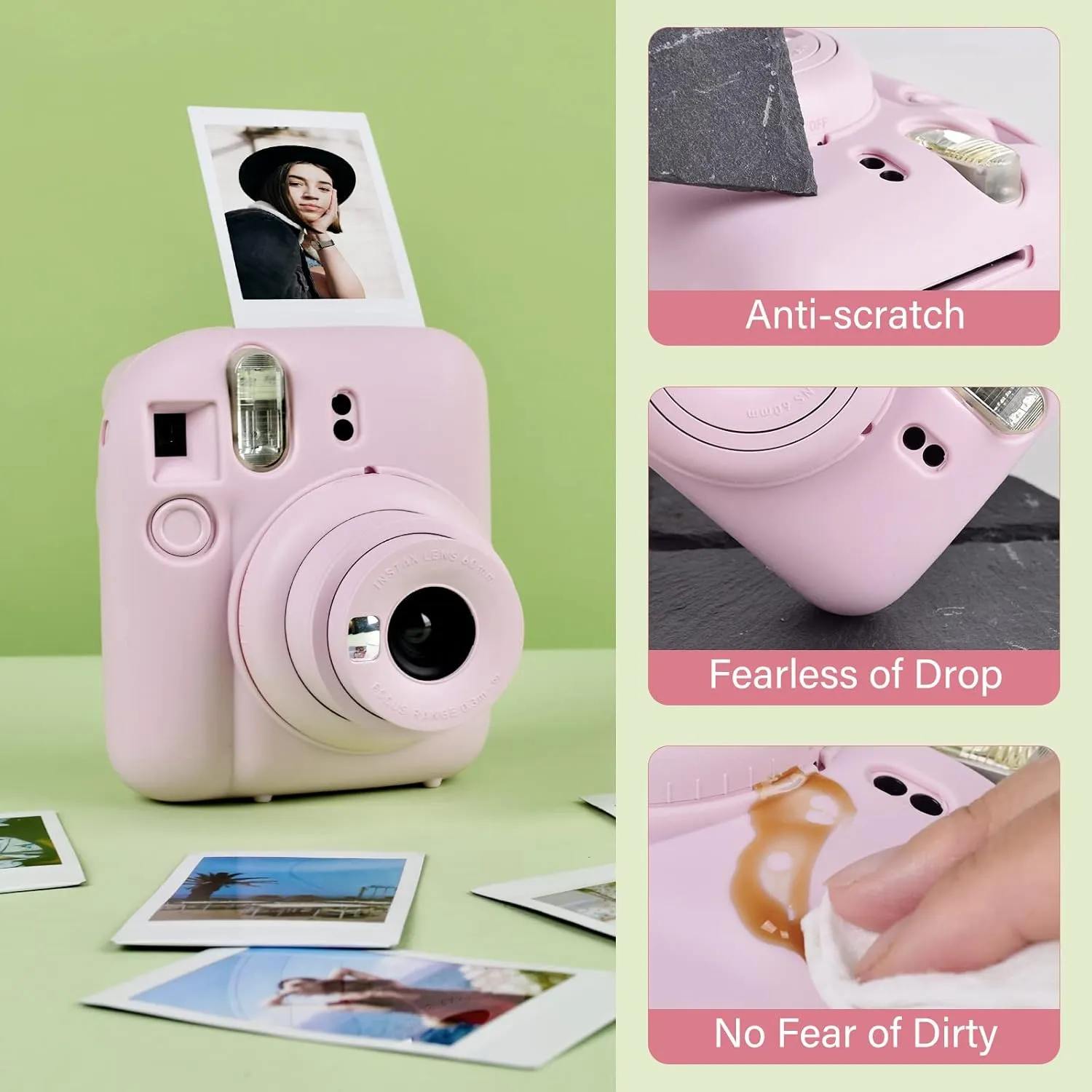 Silicone Case for Fujifilm Instax Mini 12 Instant Camera Case |Soft Protective Camera Cover with Adjustable Shoulder Strap - Blossom Pink