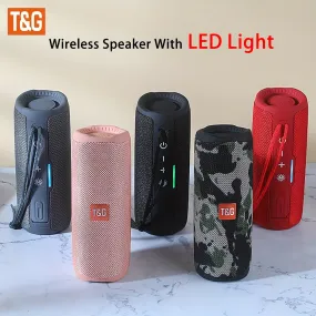The T&G365 Wireless Speaker Is A Portable Widely Speaker With LED Lights. It Has A Built-in Microphone And Produces Loud Stereo Sound