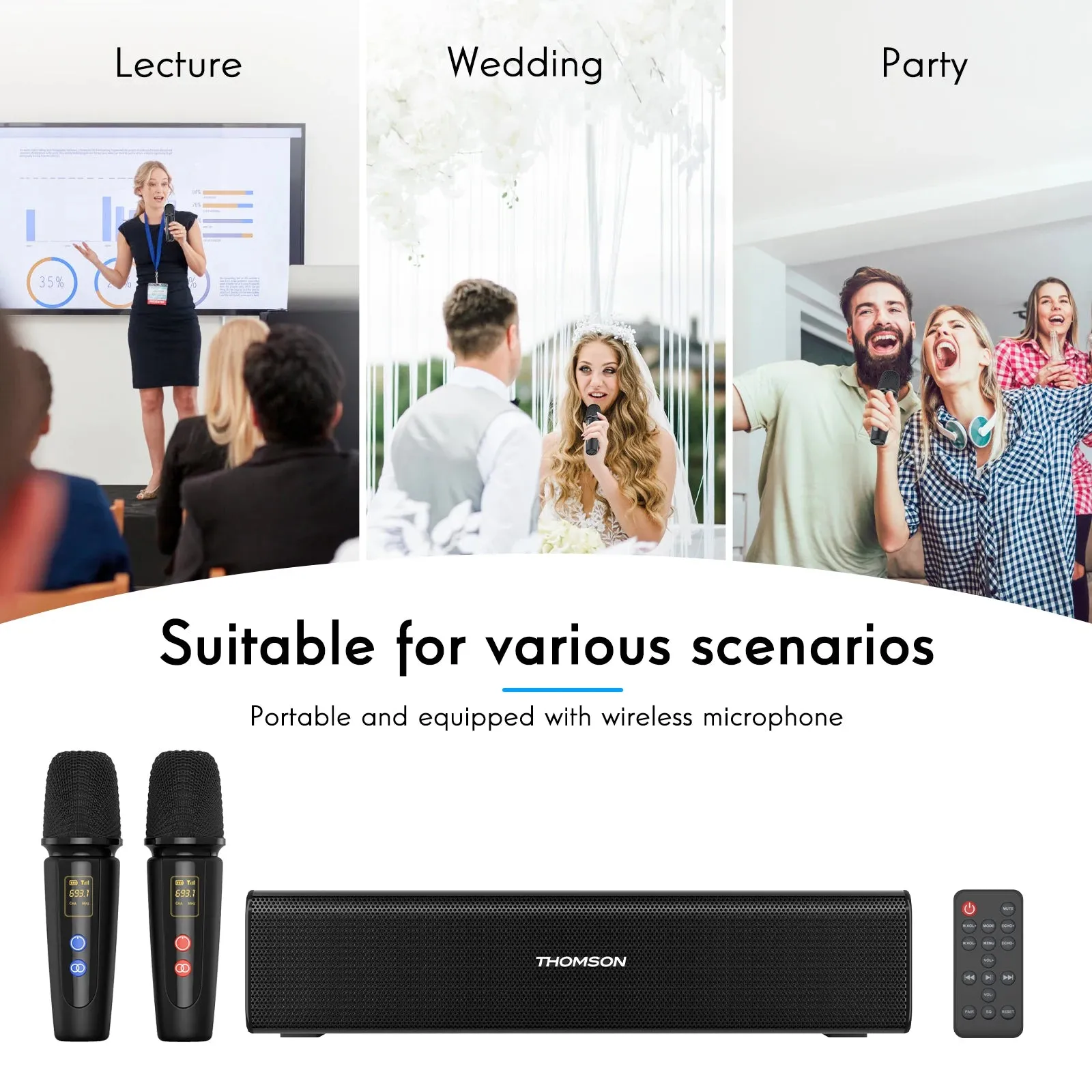 THOMSON Portable Speaker With 2 Karaoke Microphone 2500mAh Bluetooth5.0 Stereo LED Digital Screen Display Wireless Outdoor Audio