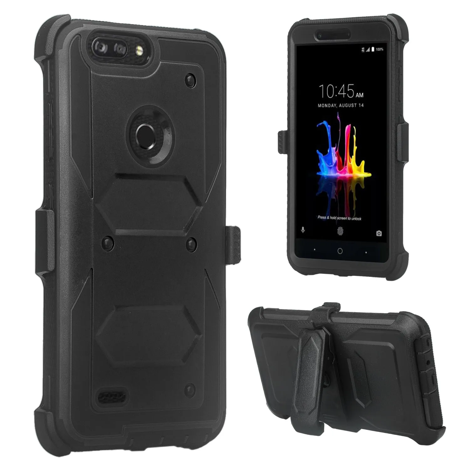 ZTE Sequoia Case, Blade Z Max, ZTE Z982 Case, Triple Protection 3-1 w/ Built in Screen Protector Heavy Duty Holster Shell Combo Case Cover - Black