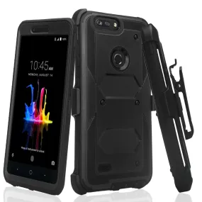 ZTE Sequoia Case, Blade Z Max, ZTE Z982 Case, Triple Protection 3-1 w/ Built in Screen Protector Heavy Duty Holster Shell Combo Case Cover - Black