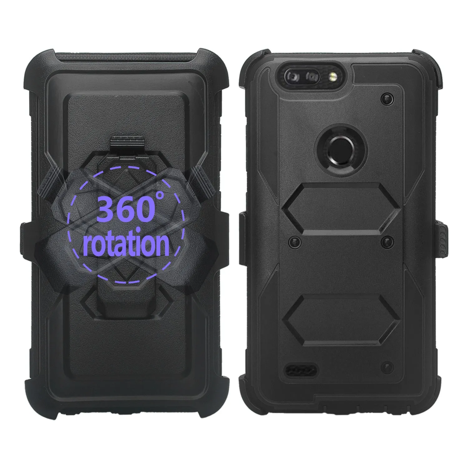 ZTE Sequoia Case, Blade Z Max, ZTE Z982 Case, Triple Protection 3-1 w/ Built in Screen Protector Heavy Duty Holster Shell Combo Case Cover - Black